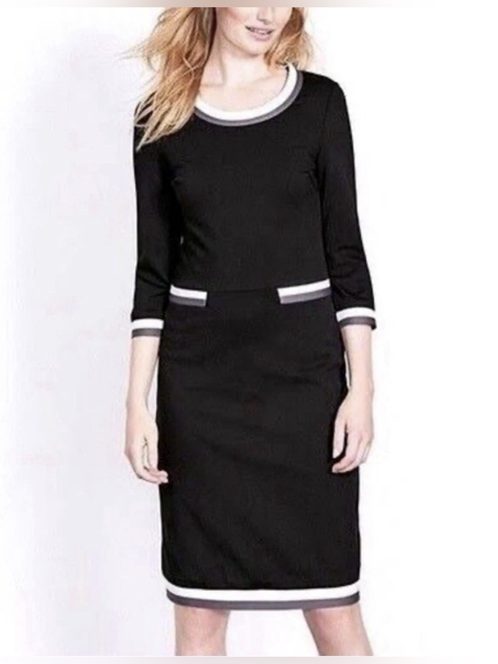 Boden Gloria Ponte Black Sheath Dress White/ Grey Stripe Trim Size 6R Mod Retro